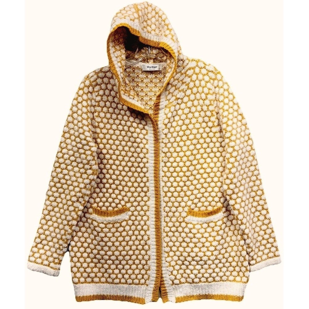 Worthier Mustard Yellow Honeycomb Knit Hooded Open Cardigan Sweater Size M/L